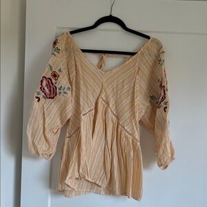 Striped Floral Embroidered Blouse - Tan